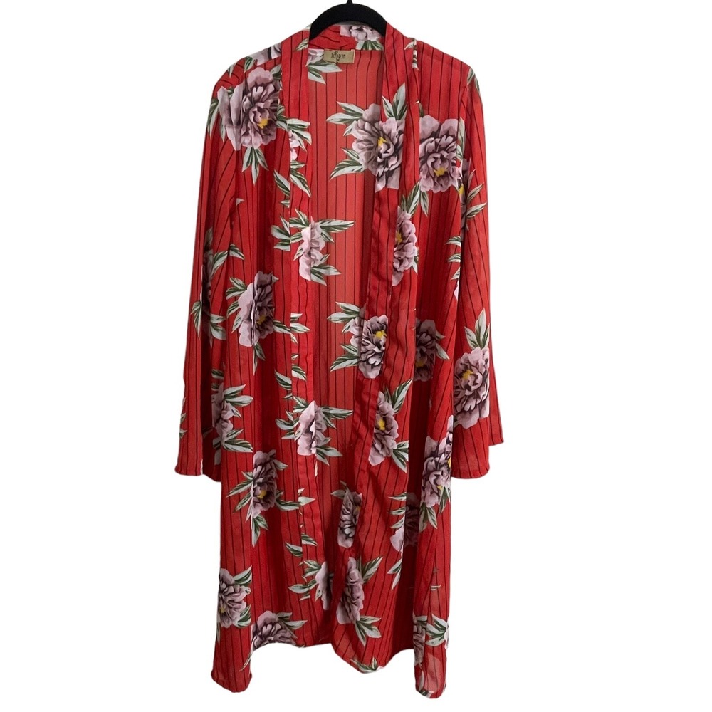Jorja Floral‎ Kimono Women's Size M Red Black Striped Boho Festival Duster